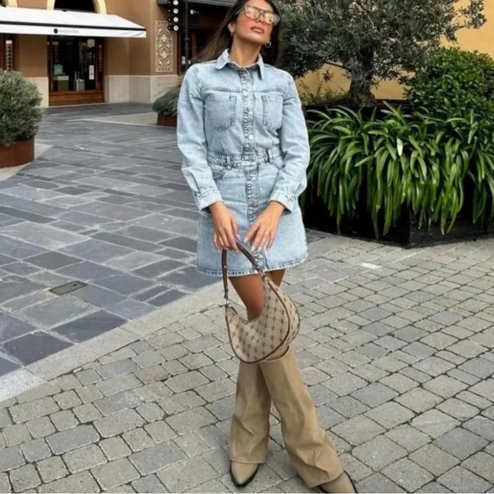 Zara Jeans Denim Long Sleeve Bruiser Stretch Frayed Mini Shirt Dress Sz M - Picture 4 of 11